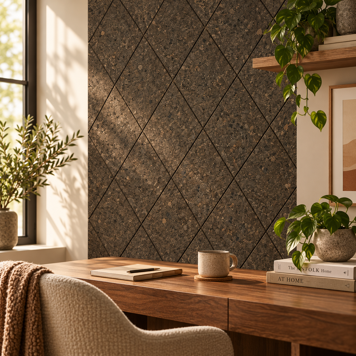 Diamond Dark cork wall tiles arranged decoratively in a warm modern interior