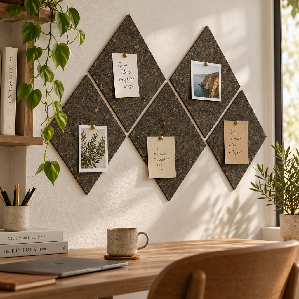 Diamond Dark cork wall tiles used as a pin board in a warm home office