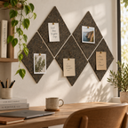 Diamond Dark cork wall tiles used as a pin board in a warm home office
