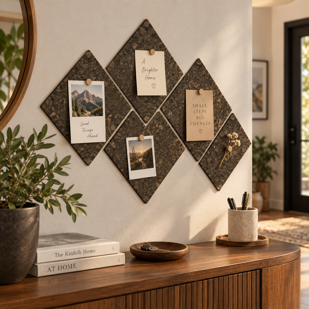 Diamond Dark cork wall tiles used as a modular memo board in a warm interior