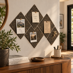 Diamond Dark cork wall tiles used as a modular memo board in a warm interior