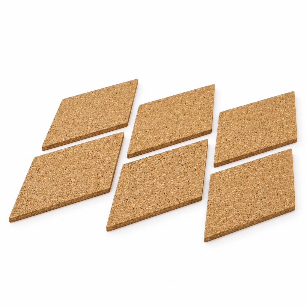 Six Diamond Natural cork wall tiles arranged to show shape, thickness and set quantity