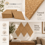 Cork Wall Tiles Diamond Natural editorial collage with official CorkMart logo, natural cork texture, self-adhesive use and set of 6