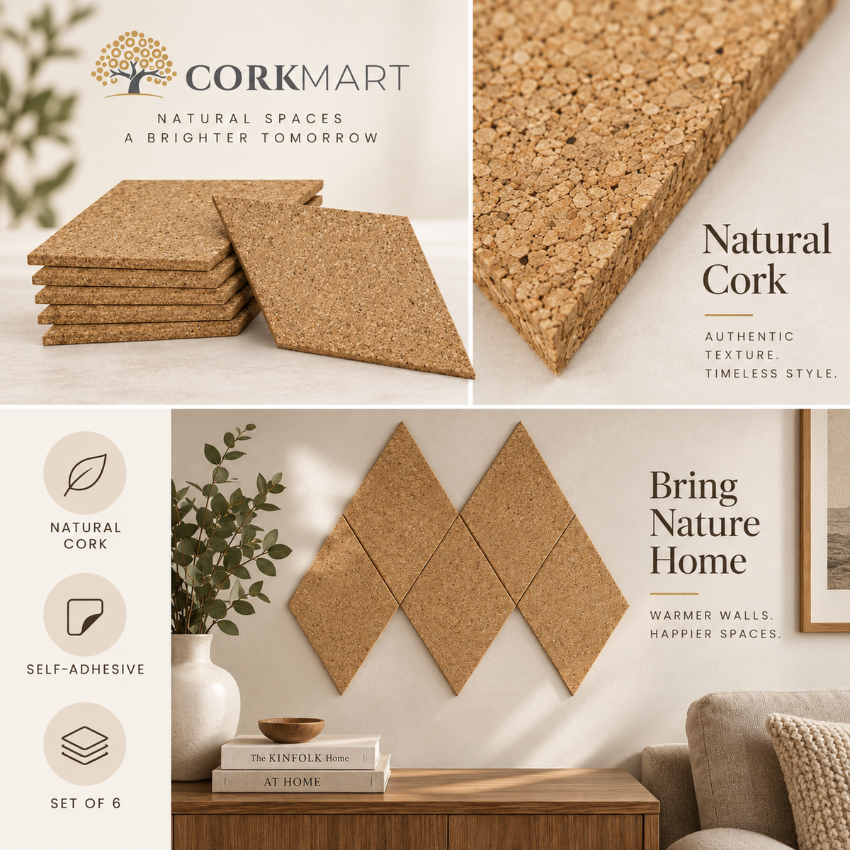 Cork Wall Tiles Diamond Natural editorial collage with official CorkMart logo, natural cork texture, self-adhesive use and set of 6