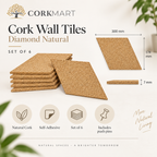 Cork Wall Tiles Diamond Natural infographic with official CorkMart logo, set of 6, 300 × 174 × 7 mm, self-adhesive and push pins