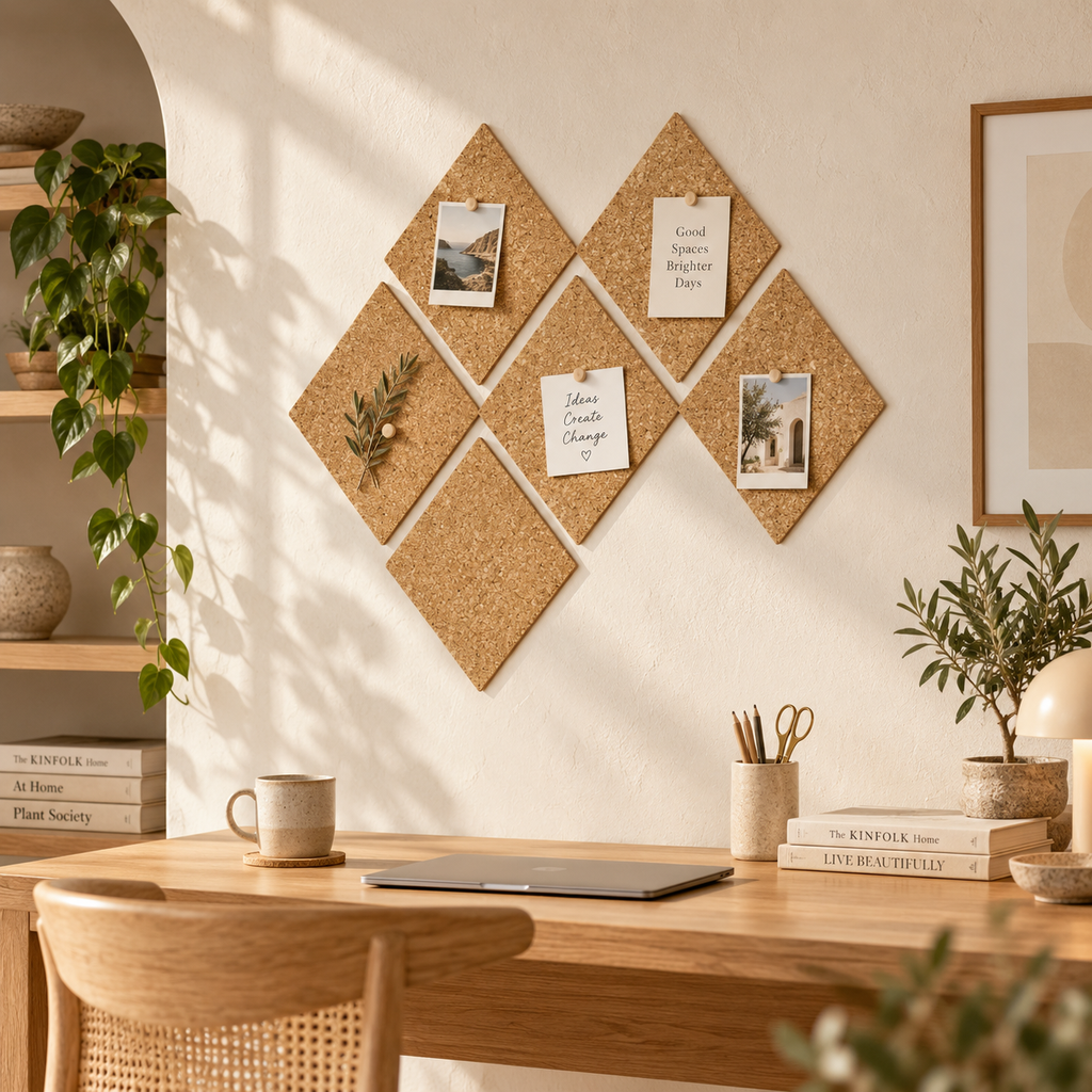 Diamond Natural cork wall tiles arranged decoratively in a warm modern interior