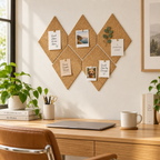 Diamond Natural cork wall tiles used as a pin board in a home office