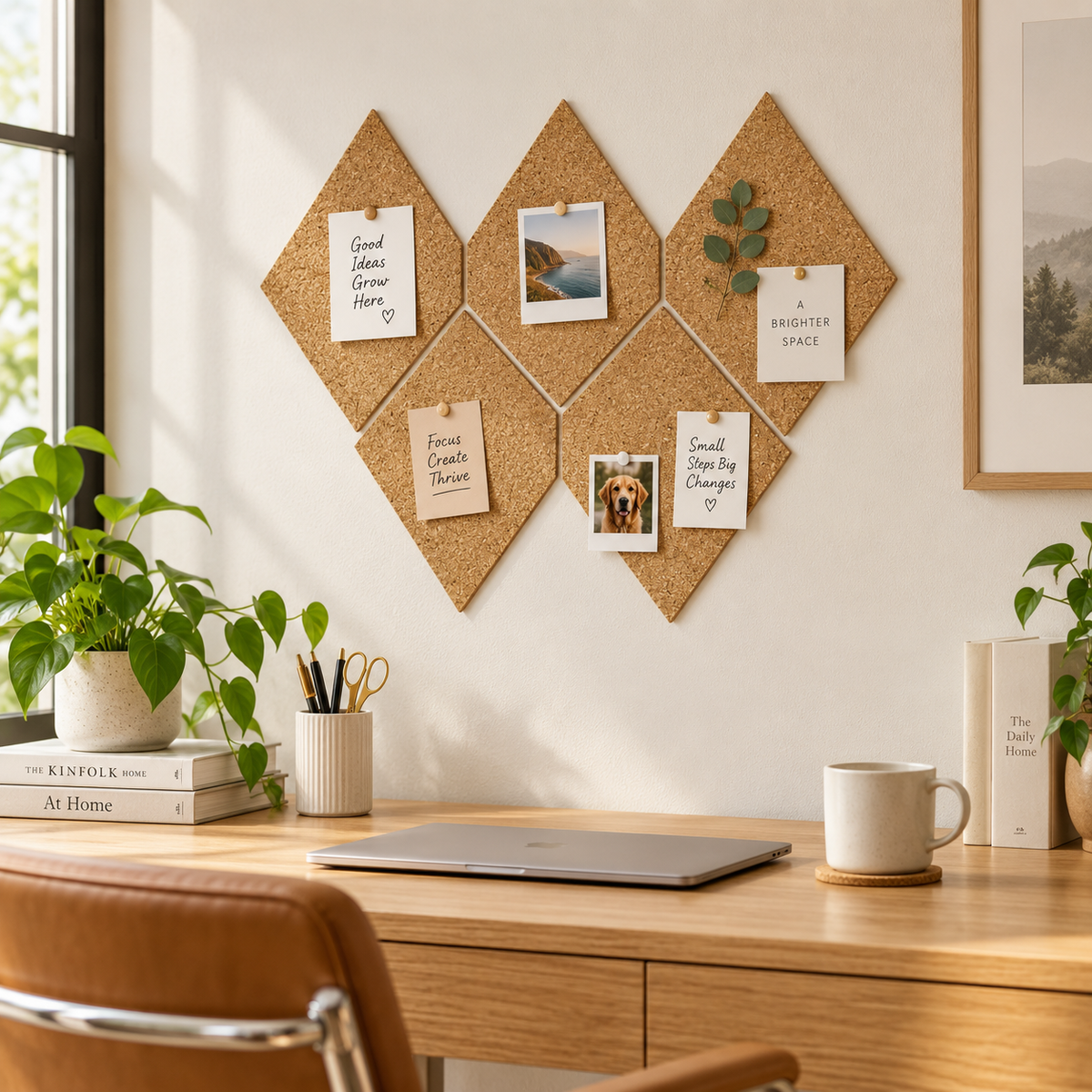 Diamond Natural cork wall tiles used as a pin board in a home office