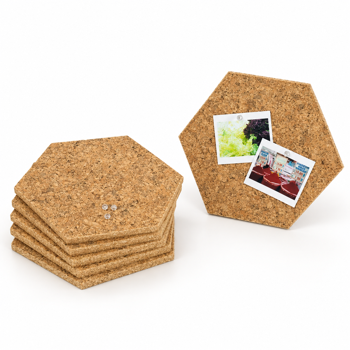 Six Hexagon Country cork wall tiles arranged to show shape, thickness, push pins and set quantity