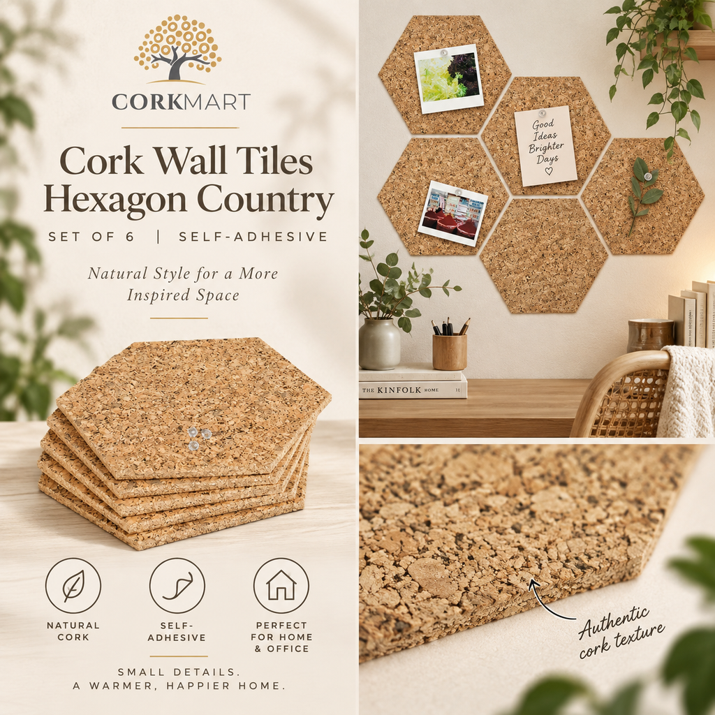 Cork Wall Tiles Hexagon Country editorial collage with official CorkMart logo, real use, Country cork texture and self-adhesive set of 6