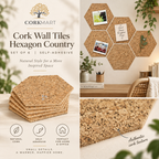 Cork Wall Tiles Hexagon Country editorial collage with official CorkMart logo, real use, Country cork texture and self-adhesive set of 6