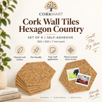 Cork Wall Tiles Hexagon Country infographic with official CorkMart logo, set of 6, 300 × 300 × 7 mm, self-adhesive and pin-friendly