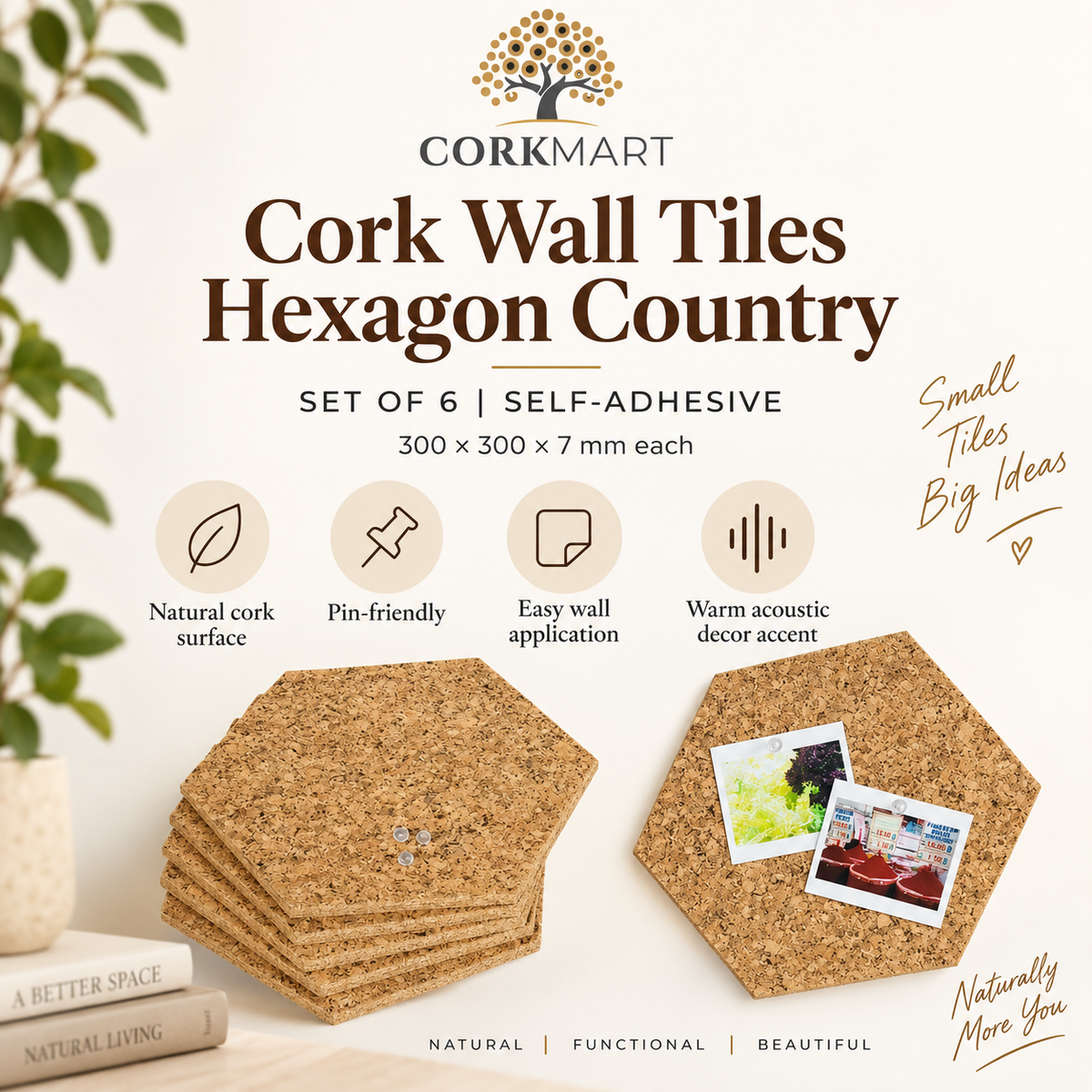 Cork Wall Tiles Hexagon Country infographic with official CorkMart logo, set of 6, 300 × 300 × 7 mm, self-adhesive and pin-friendly