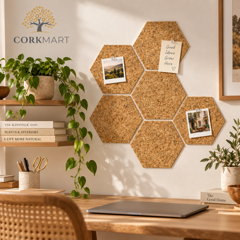Hexagon Country cork wall tiles arranged decoratively in a warm modern workspace