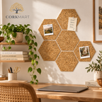 Hexagon Country cork wall tiles arranged decoratively in a warm modern workspace