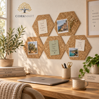 Hexagon Country cork wall tiles used as a pin board in a warm home office