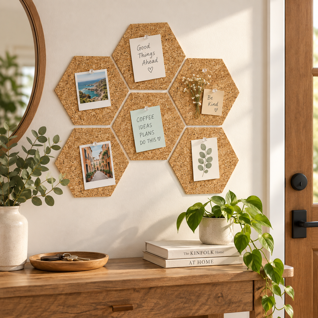 Hexagon Country cork wall tiles used as a modular memo board in a warm entryway