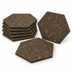 Six Hexagon Dark cork wall tiles arranged to show shape, thickness and set quantity