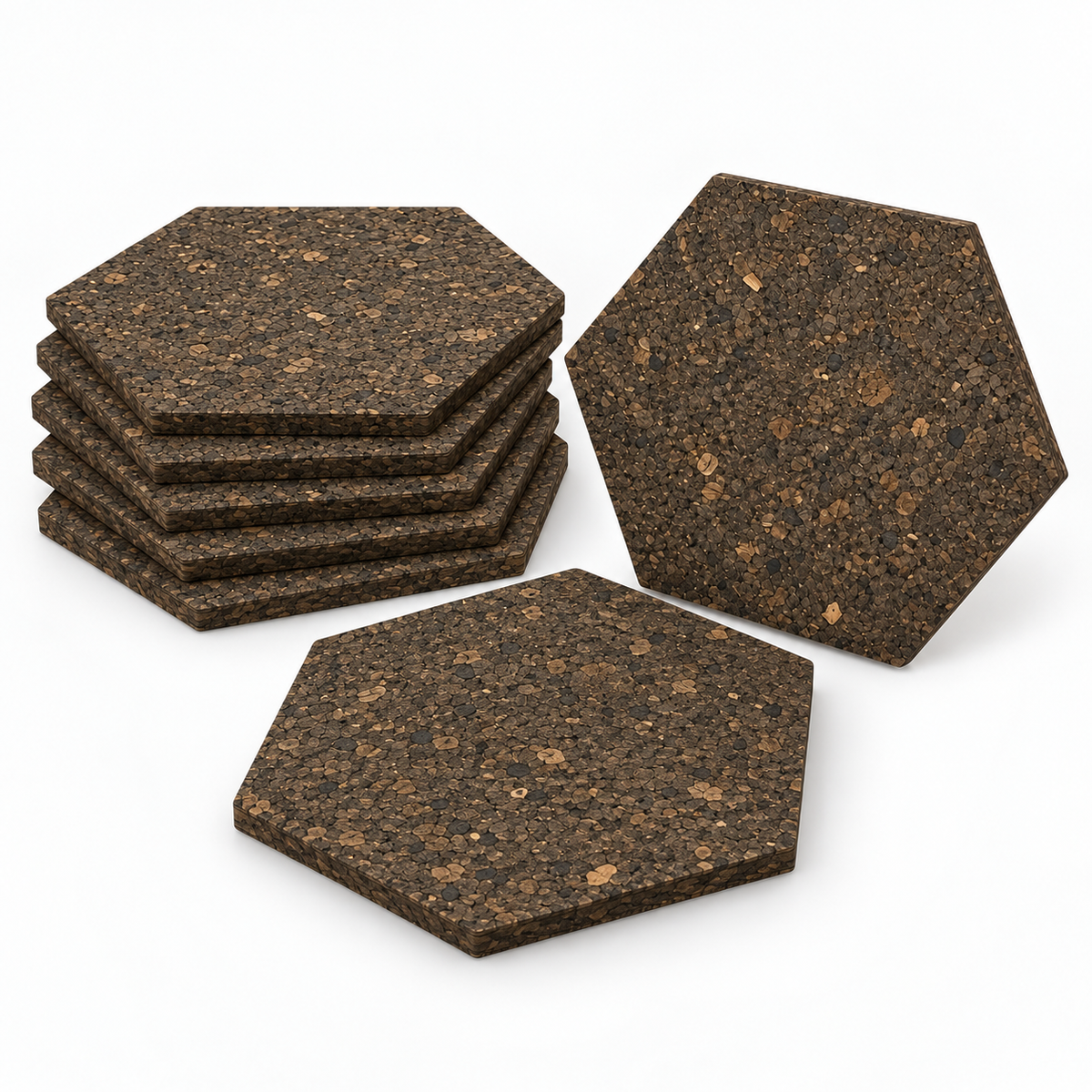 Six Hexagon Dark cork wall tiles arranged to show shape, thickness and set quantity
