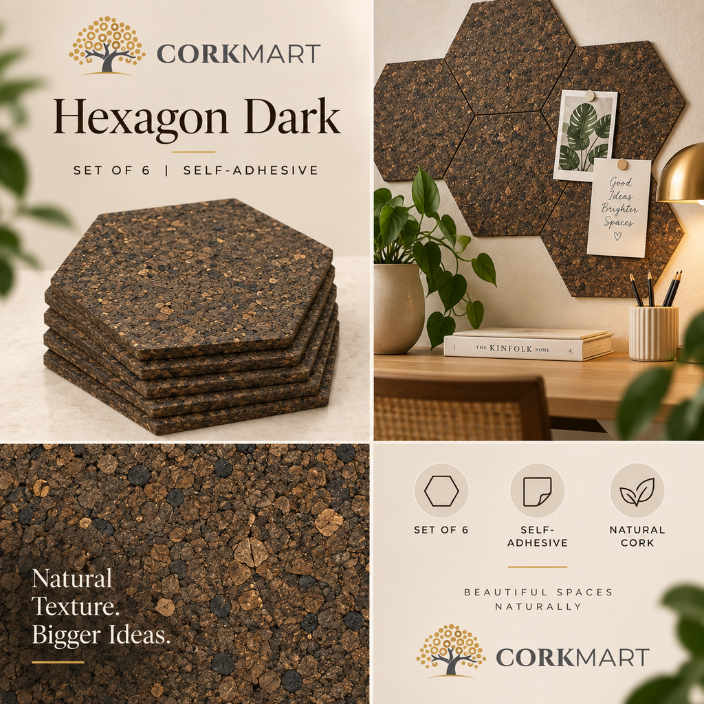 Cork Wall Tiles Hexagon Dark editorial collage with official CorkMart logo, real use, dark cork texture and self-adhesive set of 6