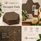 Cork Wall Tiles Hexagon Dark editorial collage with official CorkMart logo, real use, dark cork texture and self-adhesive set of 6
