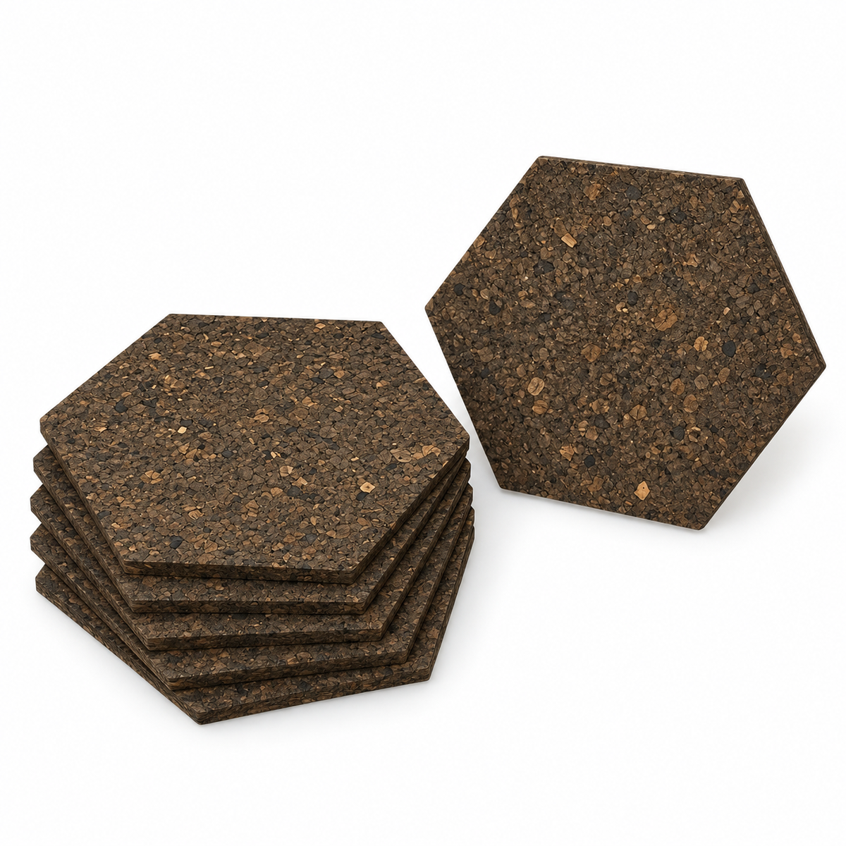 Cork Wall Tiles Hexagon Dark, set of 6, self-adhesive, isolated on white background