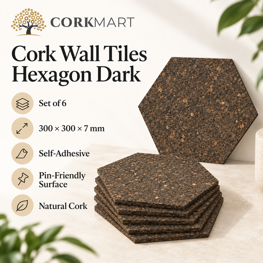 Cork Wall Tiles Hexagon Dark infographic with official CorkMart logo, set of 6, 300 × 300 × 7 mm, self-adhesive and pin-friendly
