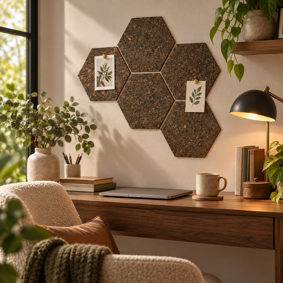 Hexagon Dark cork wall tiles arranged decoratively in a warm modern workspace
