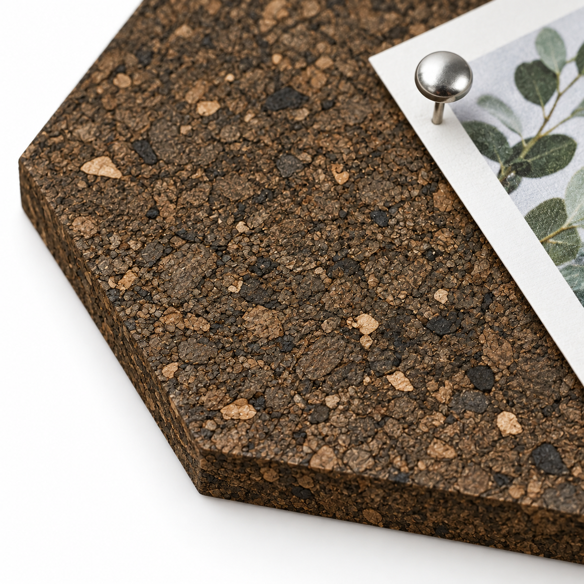 Macro detail of Hexagon Dark cork texture, 7 mm thickness and push pin use
