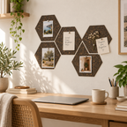 Hexagon Dark cork wall tiles used as a pin board in a warm home office