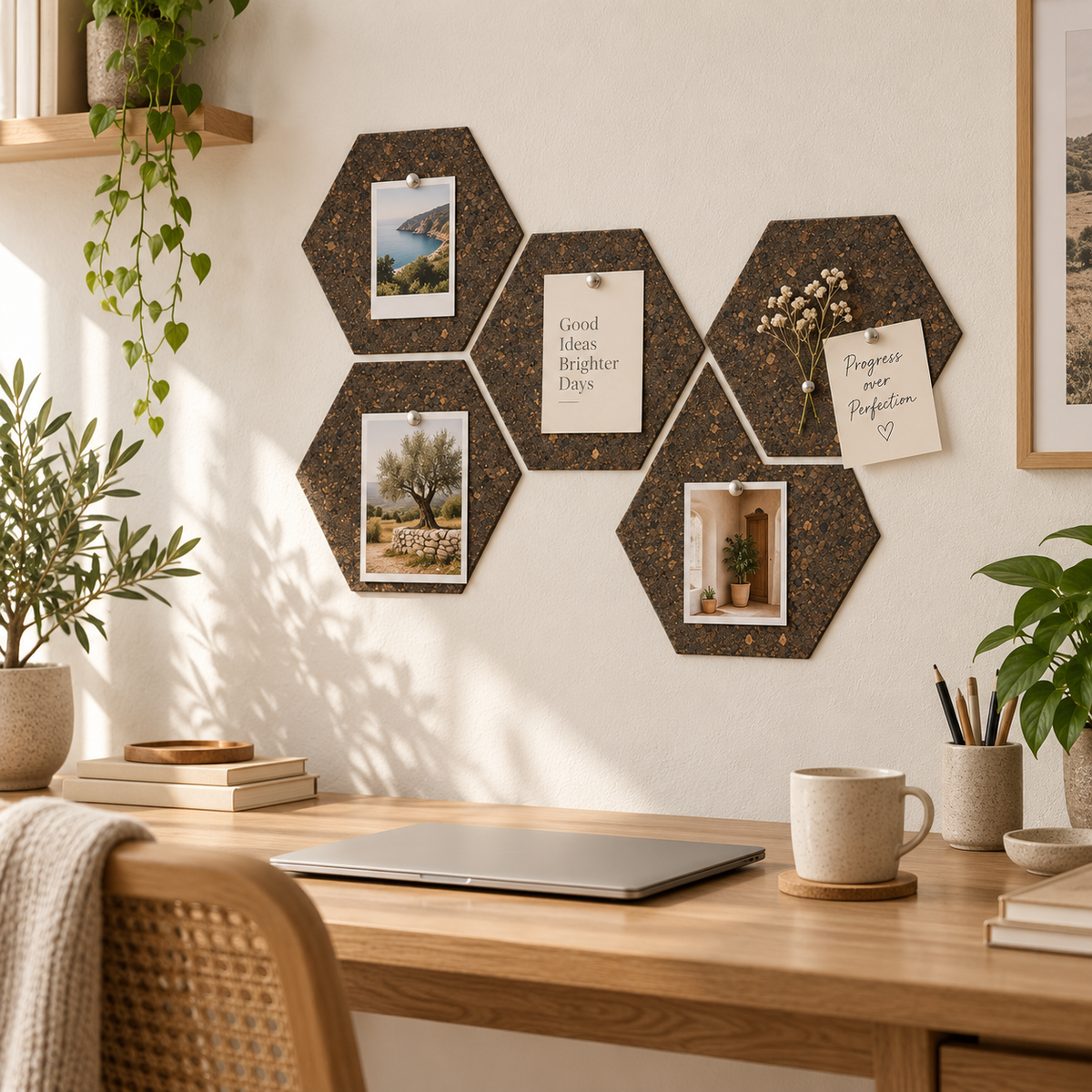 Hexagon Dark cork wall tiles used as a pin board in a warm home office