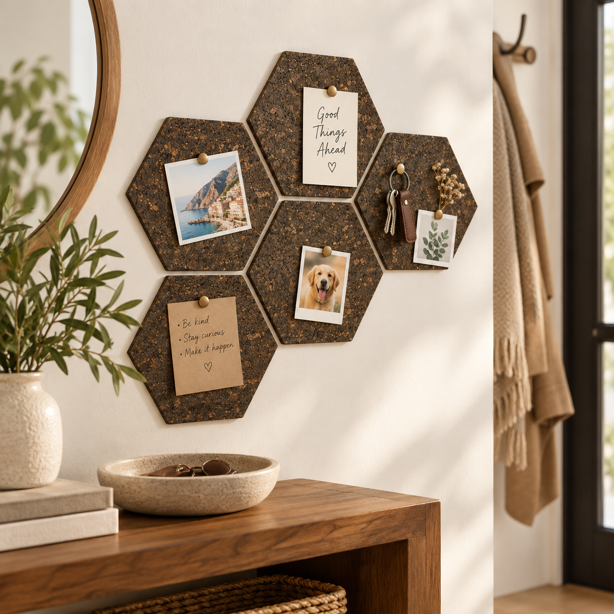Hexagon Dark cork wall tiles used as a modular memo board in a warm entryway