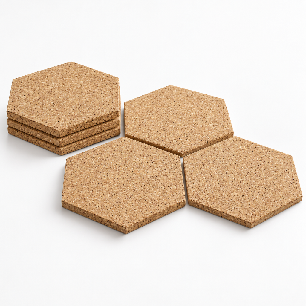 Six Hexagon Natural cork wall tiles arranged to show shape, thickness and set quantity