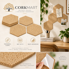Cork Wall Tiles Hexagon Natural editorial collage with official CorkMart logo, real use, natural cork texture and self-adhesive set of 6