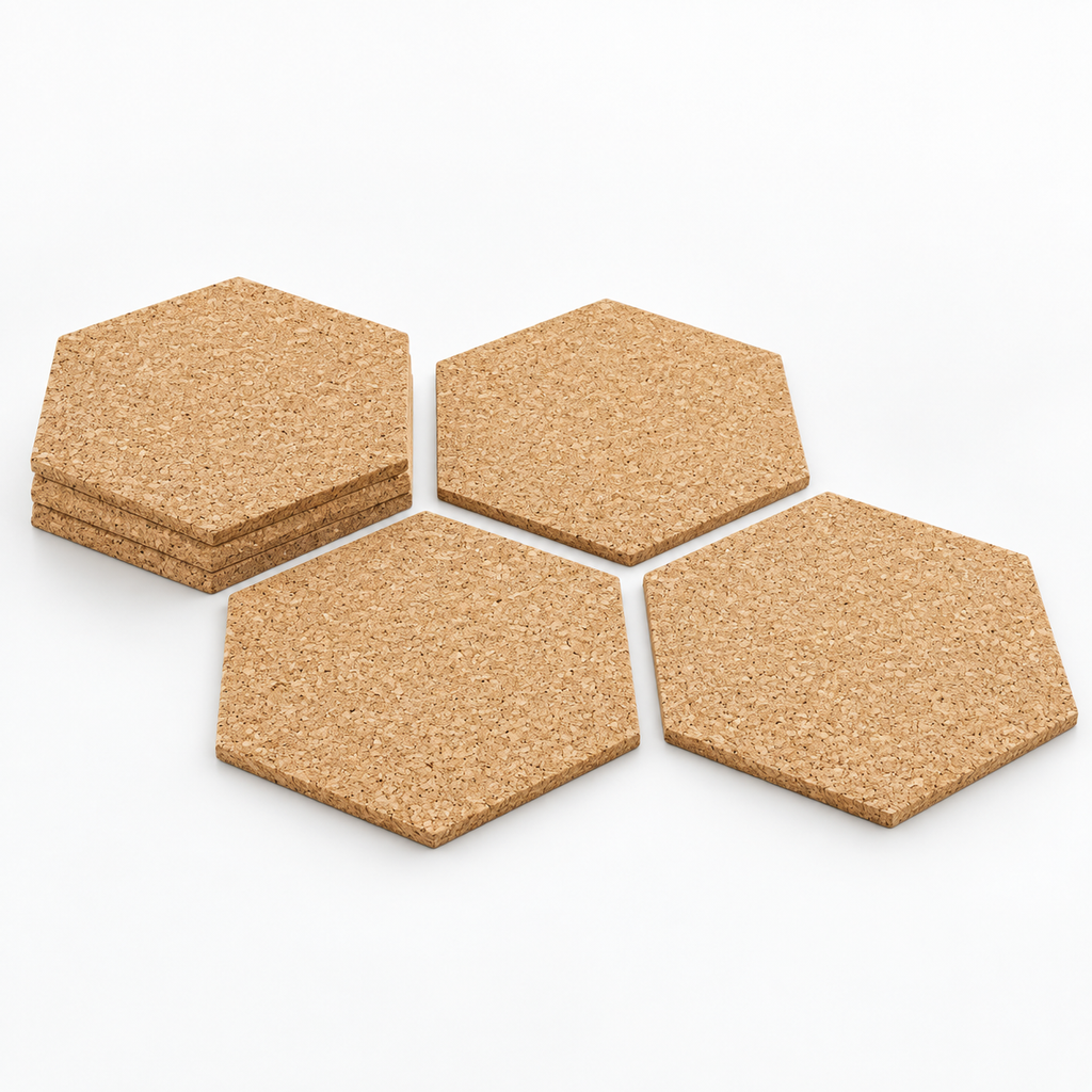 Cork Wall Tiles Hexagon Natural, set of 6, self-adhesive, isolated on white background