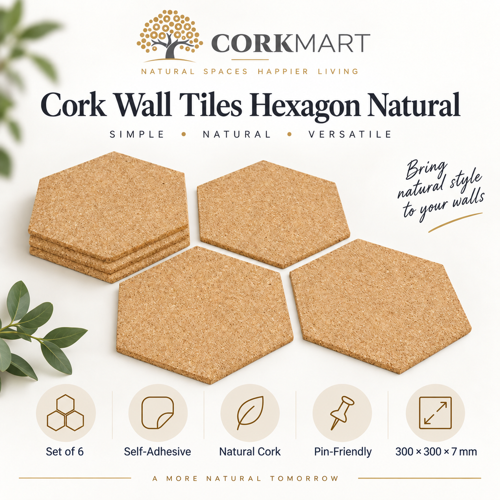 Cork Wall Tiles Hexagon Natural infographic with official CorkMart logo, set of 6, 300 × 300 × 7 mm, self-adhesive and pin-friendly