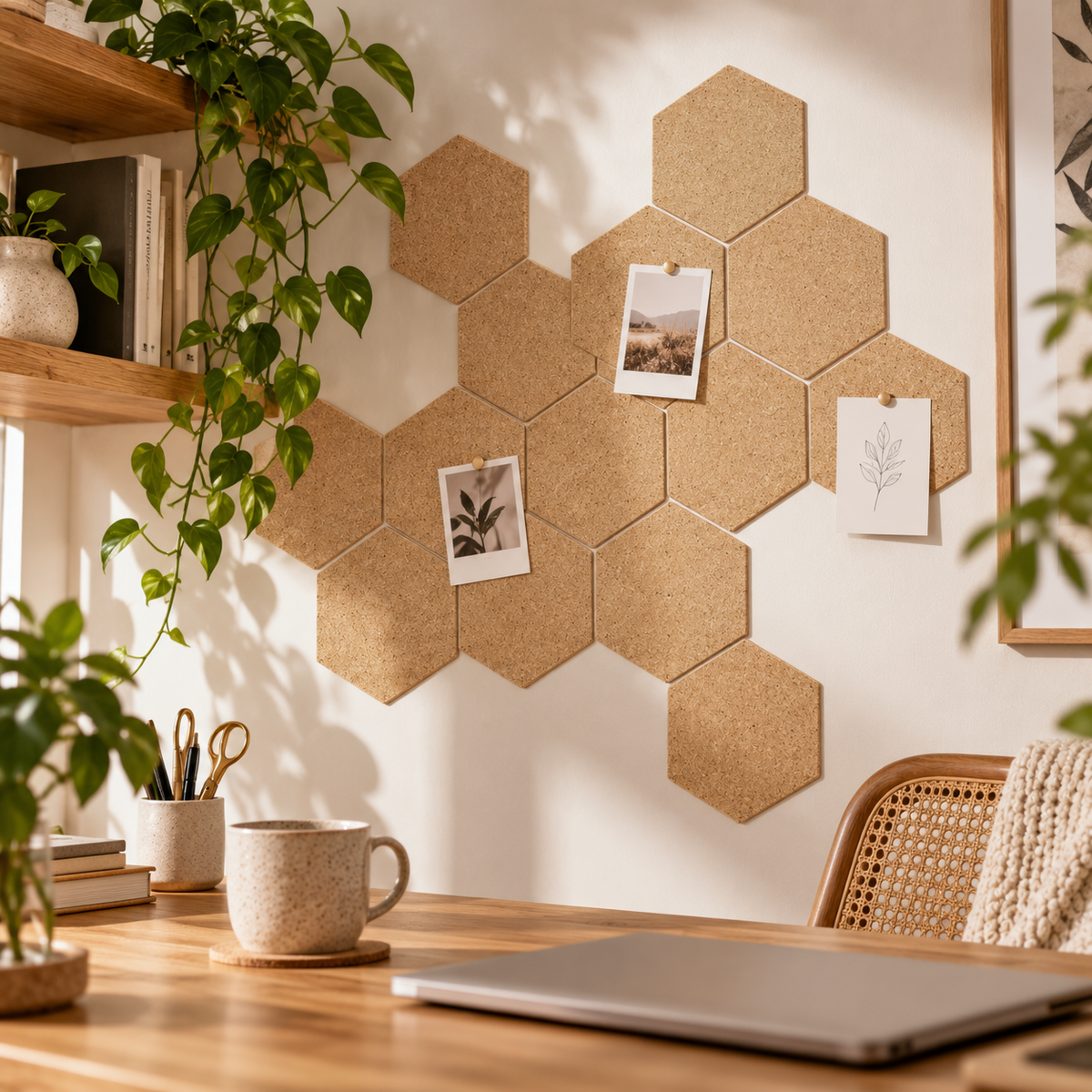 Hexagon Natural cork wall tiles arranged decoratively in a warm modern workspace