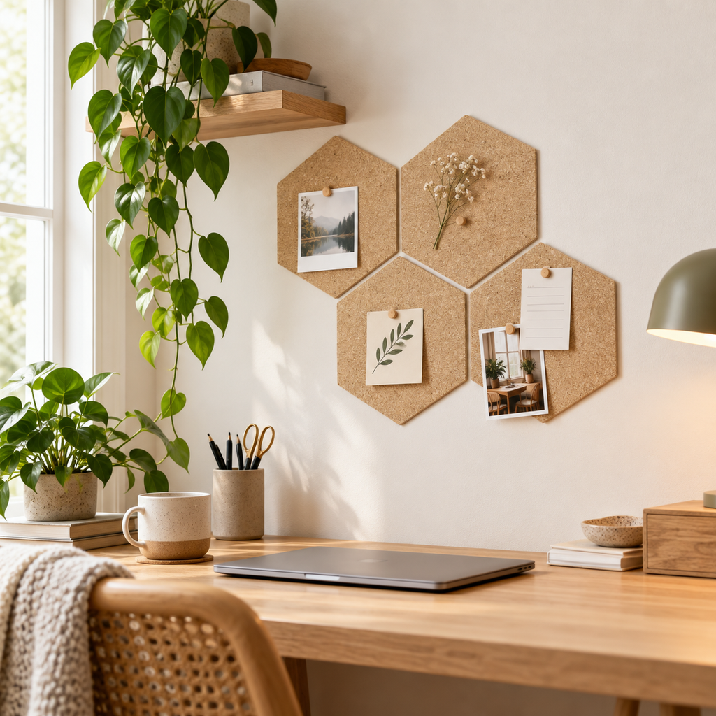 Hexagon Natural cork wall tiles used as a pin board in a warm home office