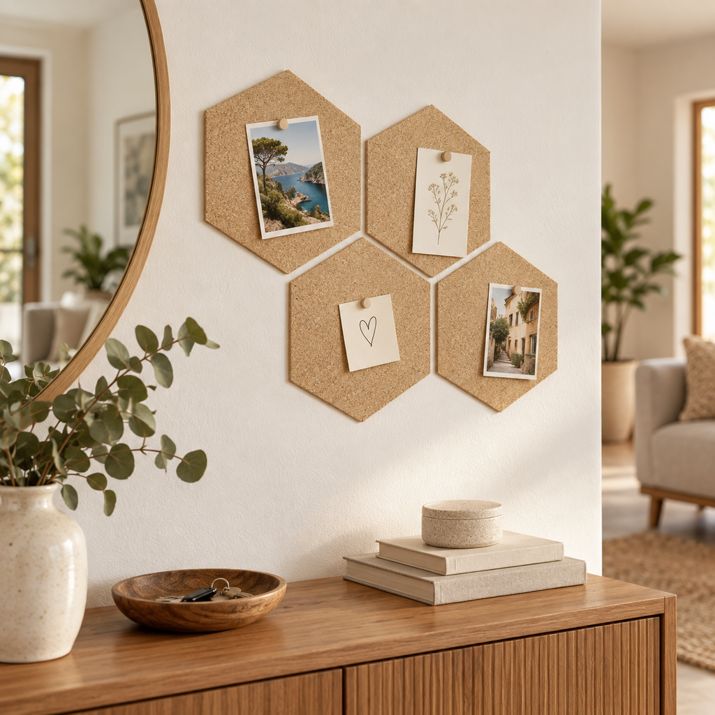 Hexagon Natural cork wall tiles used as a modular memo board in a warm interior
