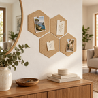 Hexagon Natural cork wall tiles used as a modular memo board in a warm interior