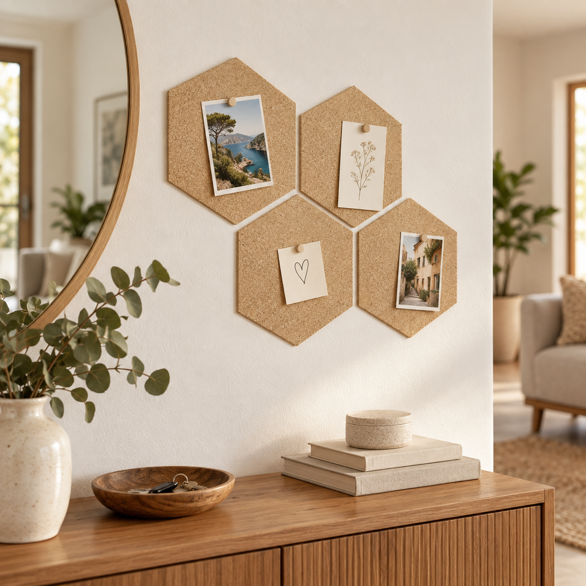 Hexagon Natural cork wall tiles used as a modular memo board in a warm interior