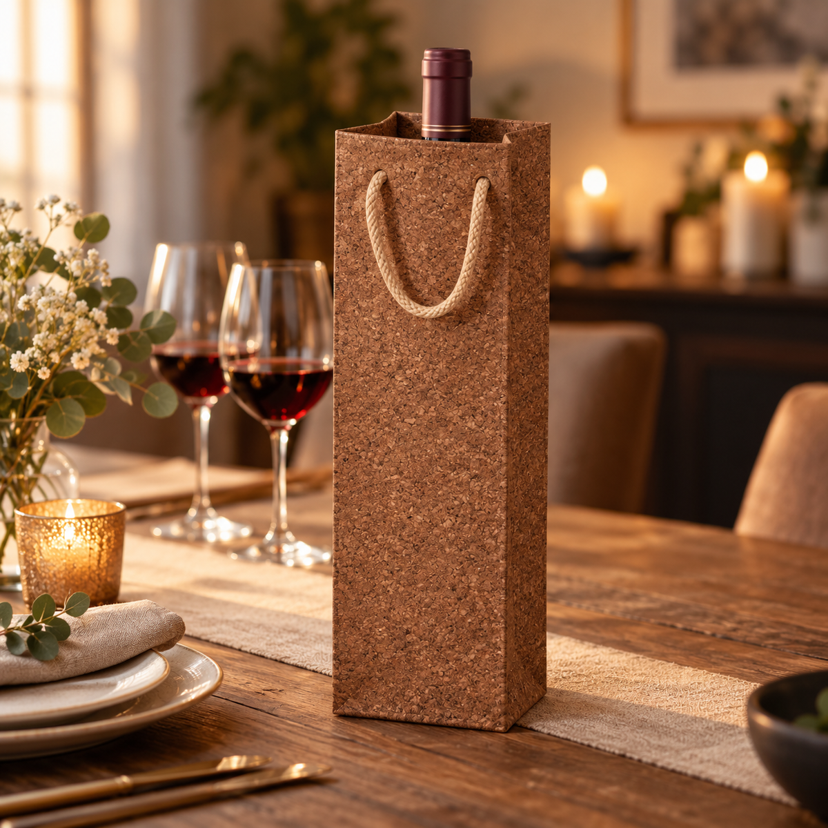 Cork Wine Bottle Gift Bag | Brown Finish — wine bottle presentation in a dining setting