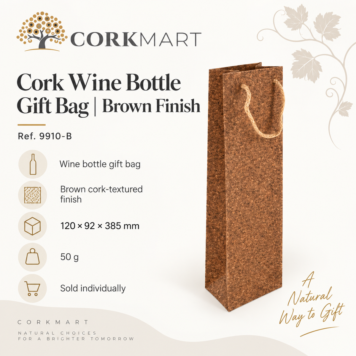 CorkMart infographic for Cork Wine Bottle Gift Bag | Brown Finish — 120 × 92 × 385 mm, 50 g, one bag