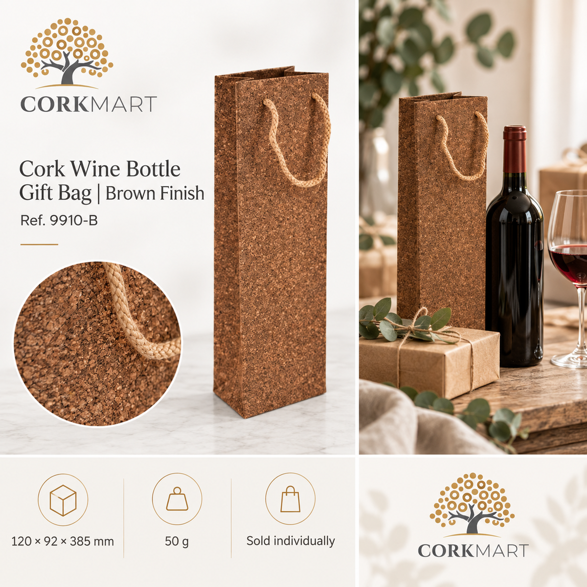 CorkMart editorial collage for Cork Wine Bottle Gift Bag | Brown Finish