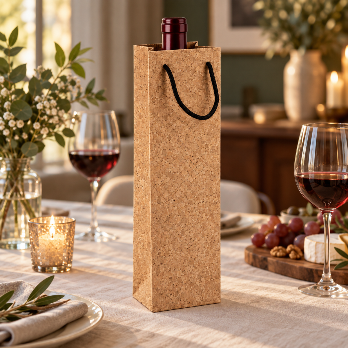 Cork Wine Bottle Gift Bag | Natural Finish — wine bottle presentation in a dining setting