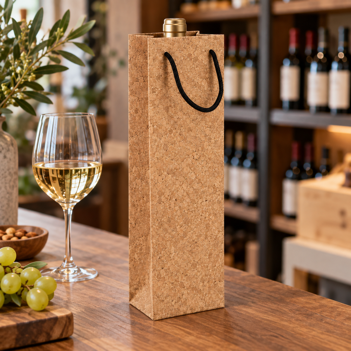 Cork Wine Bottle Gift Bag | Natural Finish — wine bottle presentation in a retail and hospitality setting