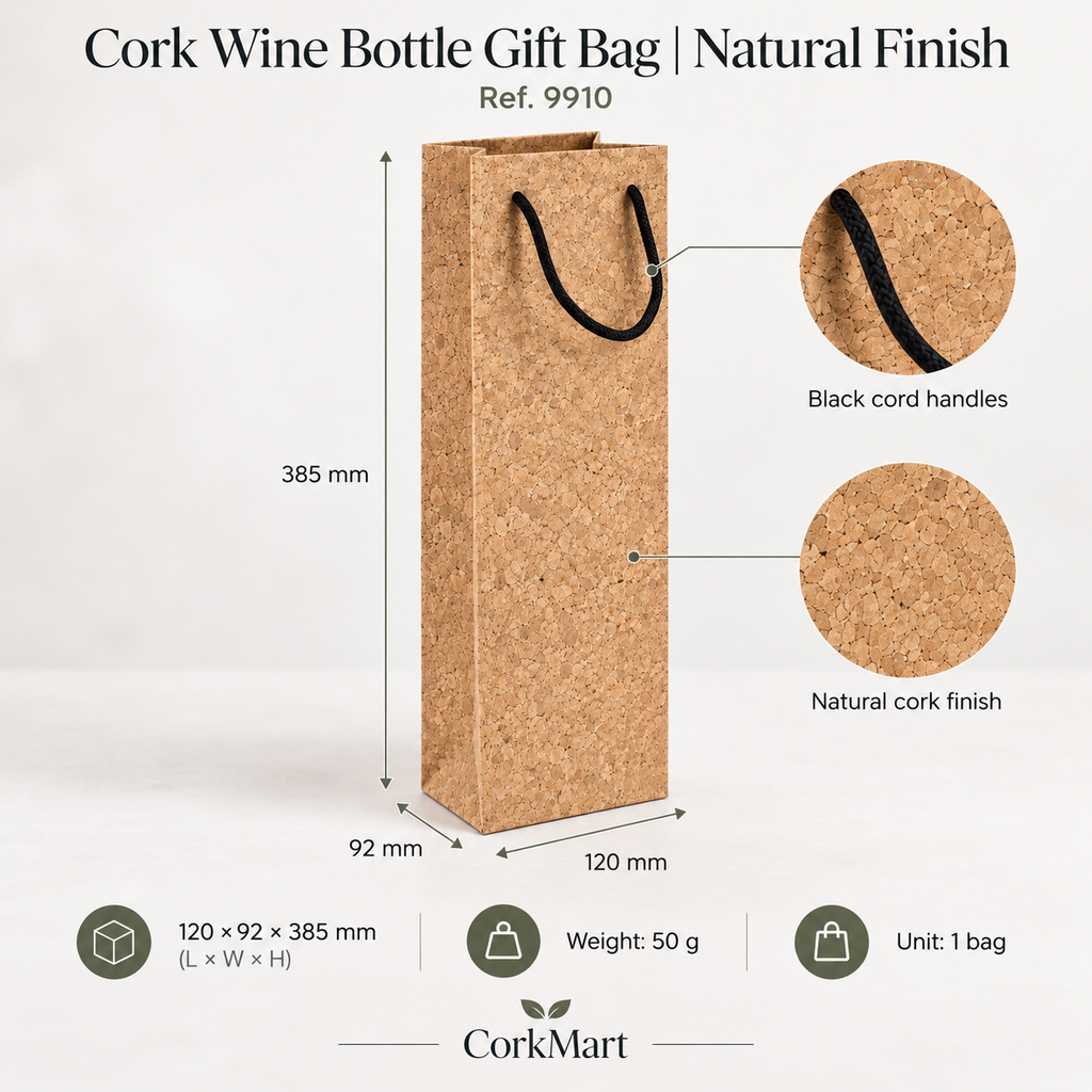 CorkMart infographic for Cork Wine Bottle Gift Bag | Natural Finish — 120 × 92 × 385 mm, 50 g, one bag