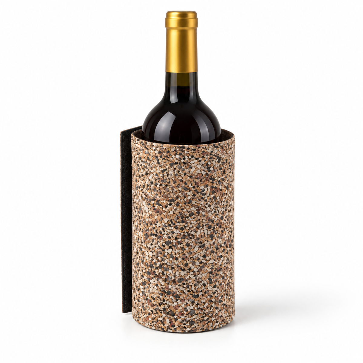 Cork wine bottle sleeve in Mix Finish, with a speckled surface and dark side flap, shown on a white background.