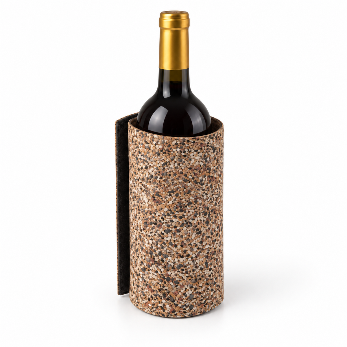 Angled view of the Mix Finish cork wine bottle sleeve, showing its curved shape, upper edge and dark side flap.