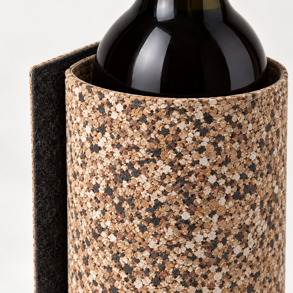 Close-up of the Mix Finish cork wine bottle sleeve, showing the contrasting surface pattern, upper edge and dark inner face.